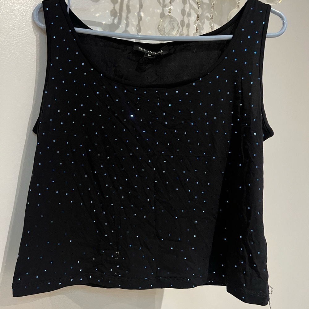 St. John Black Tank Top with Blue Dots H16